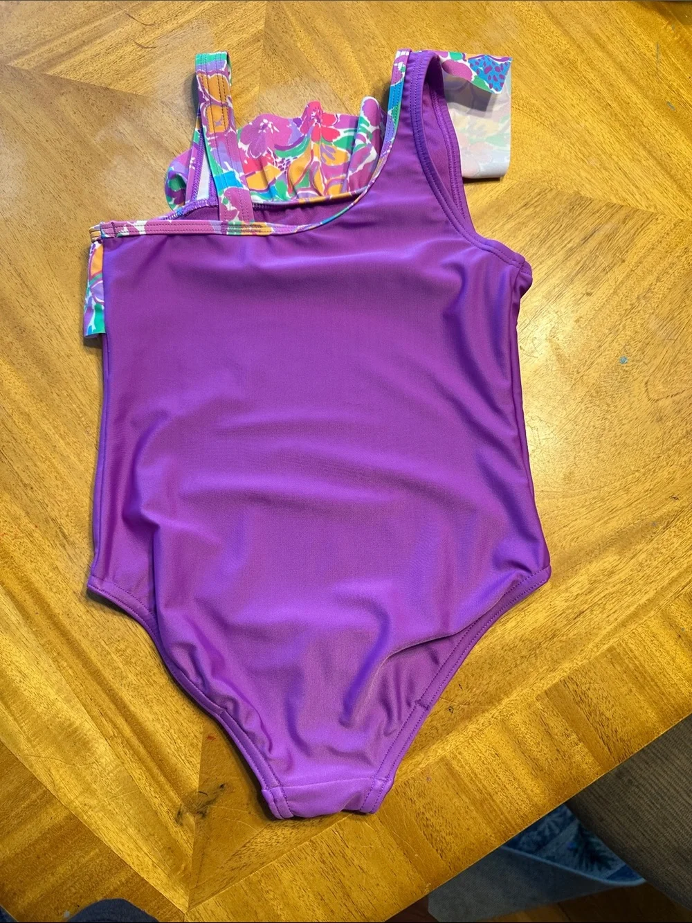Speedo Purple One-Shoulder Floral Ruffle Kids Swimsuit